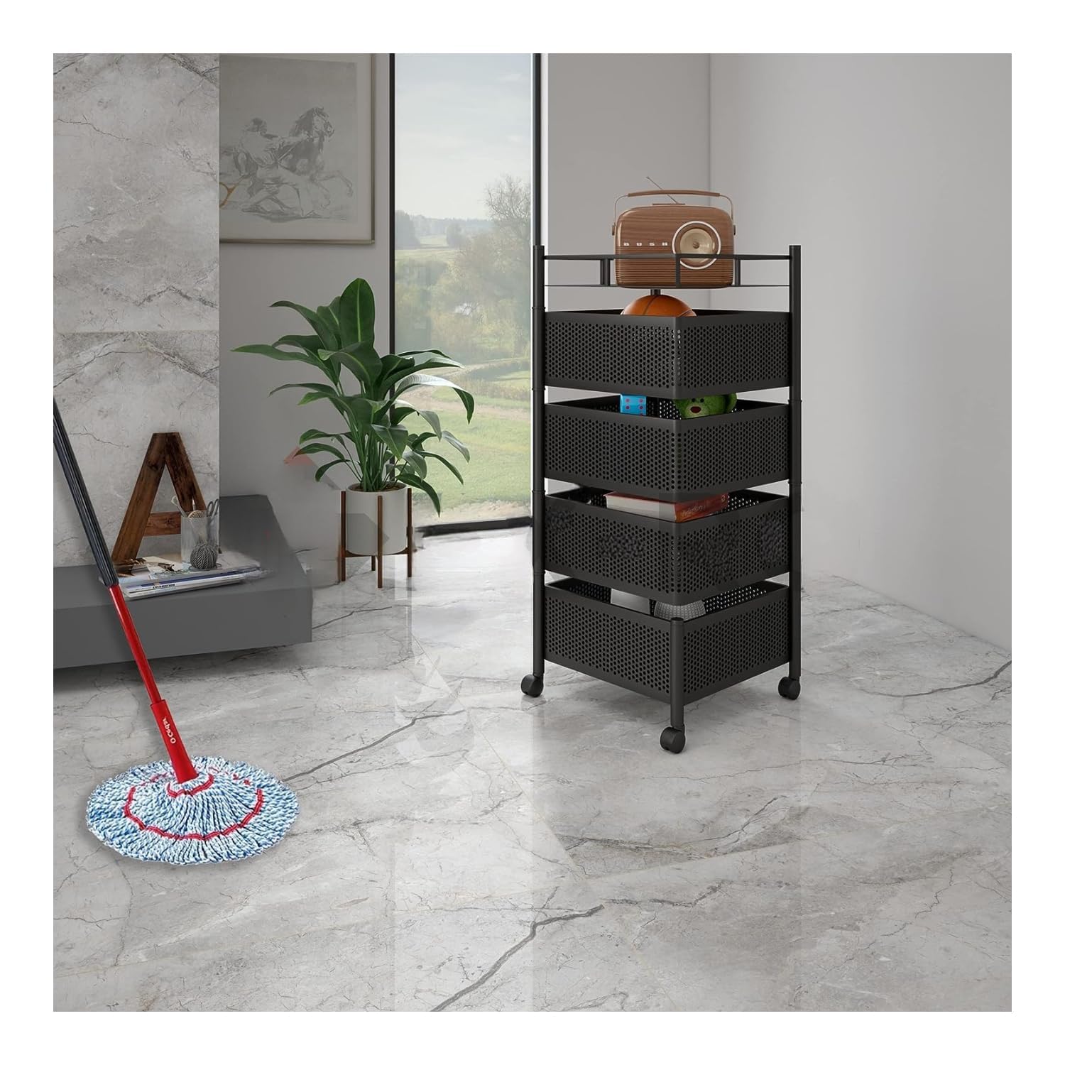 Privesh Metal 4 Layer Kitchen Rotating Trolley Portable Storage Rack Square Design Fruits & Vegetable Onion Cutlery, Spice, Jars